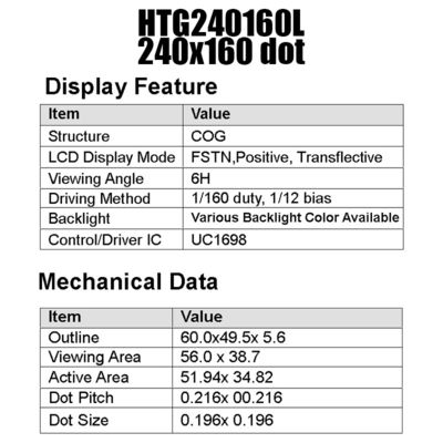 Módulo UC1698 del LCD del DIENTE de 18PIN 240x160 con la retroiluminación blanca lateral HTG240160L