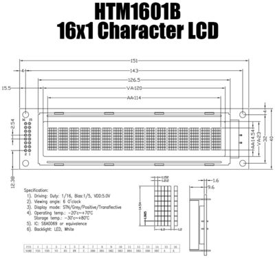 módulo monocromático de la exhibición de 16x1 LCD, pequeño LCD módulo HTM1601B de S6A0069
