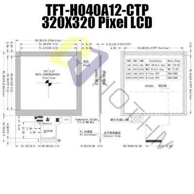 Pulgada 320x320 Dots With CTP TFT-H040A12DHIIL3C40 de la exhibición 4 del cuadrado 350cd/M2 IPS TFT LCD