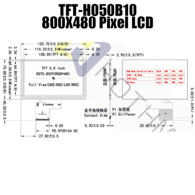 Exhibición práctica del RGB TFT de 5 pulgadas, exhibición legible TFT-H050B10SVISTKN50 de la luz del sol de IC ST7262